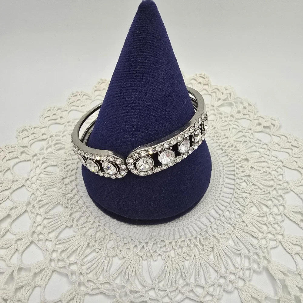 Vintage Rhinestone Clamper Hinged Cuff Statement Bracelet Silver Tone 7